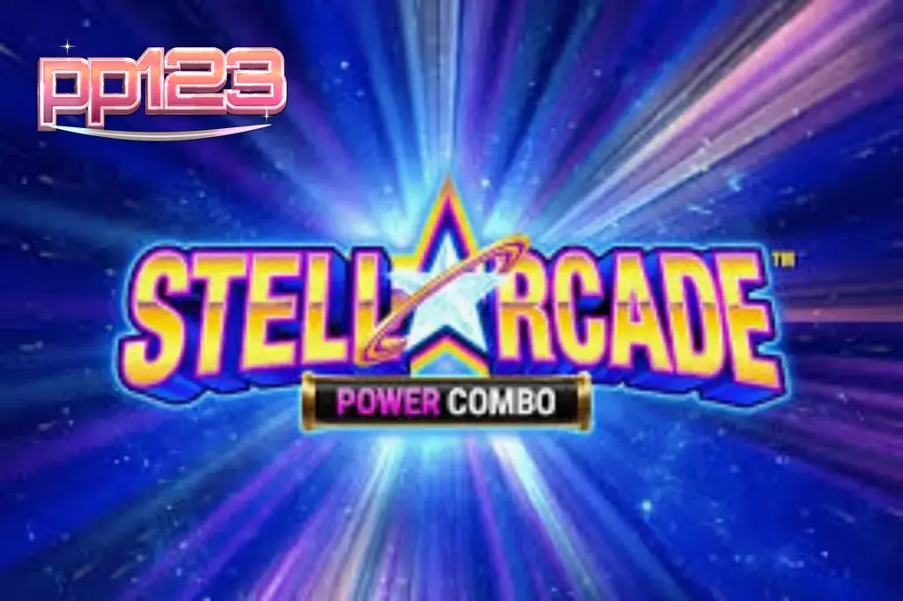 Tampilan visual neon retro-futuristik pada slot Stellarcade Power Combo dengan latar belakang ruang angkasa.